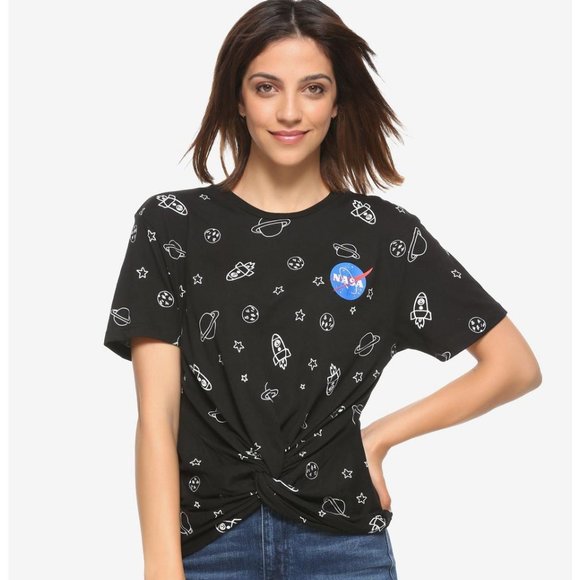 Hot Topic NASA Graphic twist front black cartoon print space tee t shirt - Picture 1 of 7